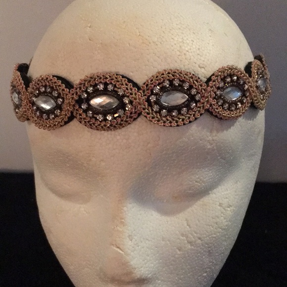 Gold tone braided and faux rhinestones stretch headband - Picture 4 of 4